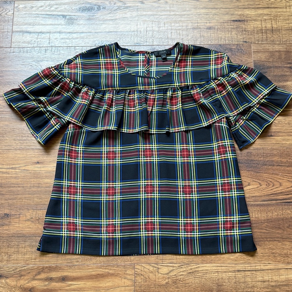 J. Crew Edie Stewart Tartan Plaid Ruffle Short Sleeve Blouse Size 10 - Picture 4 of 13